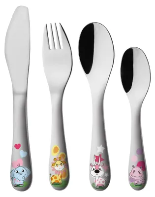 Kinderbesteck 4-teilig, Edelstahl, Tiermotive, 16–17 cm