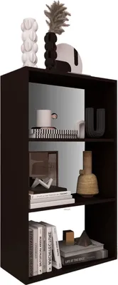 A dark brown, three-shelf bookcase with decorative items on each shelf.