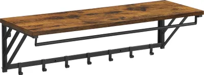 A wall shelf with coat hooks and a hanging rod, presented against a white background.