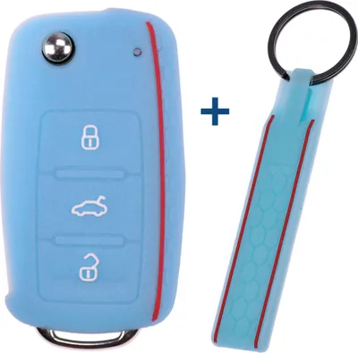 Produktbild von Auto Schlüssel Silikon Schutz Hülle + Schlüsselband im Wabe Design Fluoreszierend Blau kompatibel mit VW SEAT Skoda Golf 6 Octavia UP Leon 3 Tasten Klappschlüssel