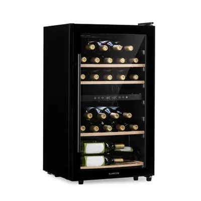 A black wine cooler filled with wine bottles, shown against a white background.