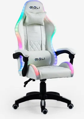 A white gaming chair with RGB lighting.