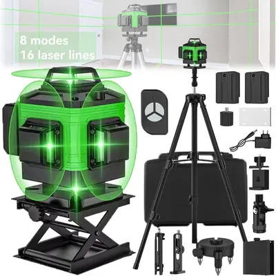Obrázek produktu pro Křížový laser – 4D laser s 16 paprsky – samonivelační v rozsahu 360° – vodorovné a svislé čáry – dobíjecí – včetně stativu a přepravního kufru – zelený paprsek