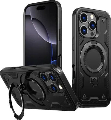 Immagine prodotto di Custodia a doppio strato per iPhone 16 Pro, custodia protettiva militare magnetica con anello e supporto in metallo Nero