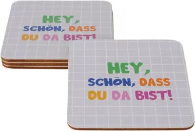 Produktbild von Untersetzer mit Spruch Hey, schön, DASS du da bist!, Holz, 11 x 11 cm, 4er-Set, Pink/Weiß