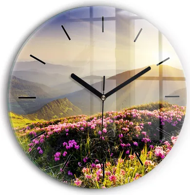 Produktbild von Wallfluent Wanduhr – Stilles Quarzuhrwerk - Uhr Dekoration Wohnzimmer Schlafzimmer Küche - Zifferblatt mit Striche - schwarze Zeiger - 30 cm - Berglandschaft