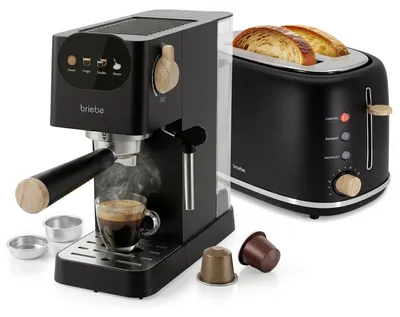 Produktbild von Briebe SKT1221BLK Nordic Set Kaffeemaschine 20 Bar Kapseln und Kaffee, Toaster 2 Breite Scheiben Schwarz