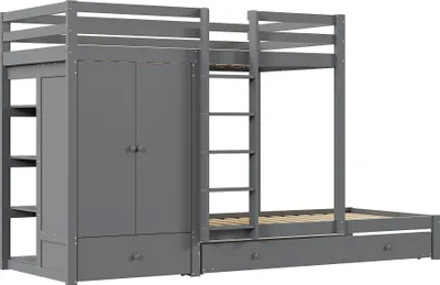 Produktbild von okwish Etagenbett Stockbett 90x200cm mit Ausziehbett 90*190cm, Hochbett mit Rausfallschutz, Massivholzbett Kinderbett Bettgestell mit Kleiderschrank, Schubladen und Ablagefach, grau