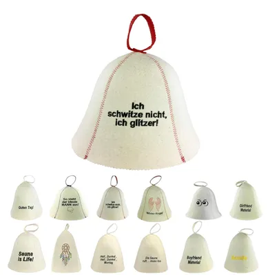 Produktbild von Saunahut aus Wollfilz (20-018) Saunamütze mit witzigen Motiven, Filz Kopfschutz Saunakappe Filzkappe Mütze Filzhut Kappe Sauna Hut