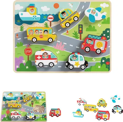 Produktbild von Tooky Toy Holz-Montessori-Puzzle, Fahrzeuge, Autos, Flugzeug, Schiff, Stadt, passende Formen