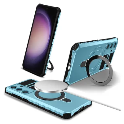 Immagine prodotto di Custodia per Samsung Galaxy S25 magnetica con MagSafe, supporto per anello, supporto, custodia protettiva a doppio strato Azzurro