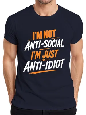 Productafbeelding van "Ik ben niet anti-sociaal, ik ben gewoon anti-idioot" - Sarcastische opdruk, heren T-shirt, marineblauw, maat 3XL