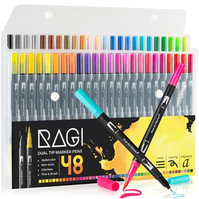 Produktbild von RAGI Filzstifte Aquarell Brush Pen Set – 48 Pinselstifte für Erwachsene, Kinder, Dual Fineliner Marker, Aquarellstifte, Aquarellmarker, Stifte
