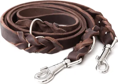 Produktbild von Hundeleine Umhängeleine Echt Leder Premium 2,25 m Doppelleine 3-fach verstellbar 18 mm Robust Echtleder Chrom Karabiner (Braun)