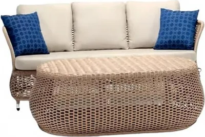 Zdjęcie produktu dla Zestaw Beżowa Sofa 3-osobowa Stolik kawowy Sofy 3-osobowe Rattan Nowoczesny
