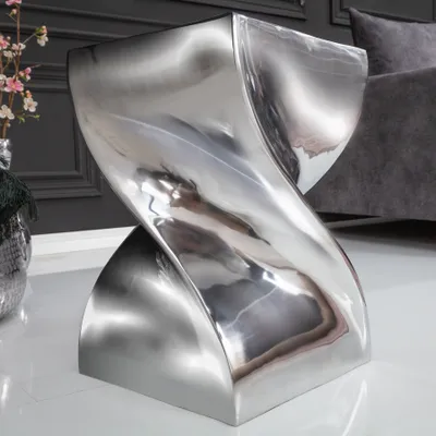 Produktbild von Skulpturaler Beistelltisch TWIST 45cm silber Aluminium poliert Sitzhocker Modern Design
