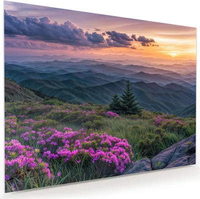 Produktbild von Glasbild 120x90cm in XXL für Wohnzimmer, Schlafzimmer Motiv Berglandschaft Blumen