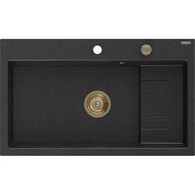 Zdjęcie produktu dla Mexen Omar zlewozmywak granitowy 1-komorowy 800 x 480 mm, czarny/srebrny metalik, syfon złoty - 6520801005-73-G