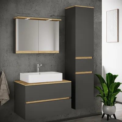 Produktbild von VCM 4-tlg. Waschtisch Set mit Keramikbecken, Badschrank mit 2 Softclose-Schubladen, Hochschrank, Spiegelschrank mit Beleuchtung und Steckdose, Maße Unterschrank H. 51 x B. 80 x T. 51 cm, Cosila-A