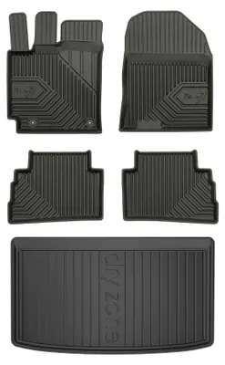 Image de Tapis en caoutchouc + bac de coffre pour Hyundai Kona I 2017-2023 (SUV/crossover, plancher bas) – 5 pièces, noirs, sur mesure