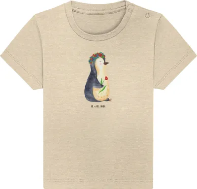 Produktbild von Mr. & Mrs. Panda Babyshirt Pinguin Blumen 0. - 6. Monat - Natural Raw - Geschenk, Geschenkidee, Wunderschön,  T-Shirt, Kinder Top, Selbstliebe, Ziele, Baby, Öko