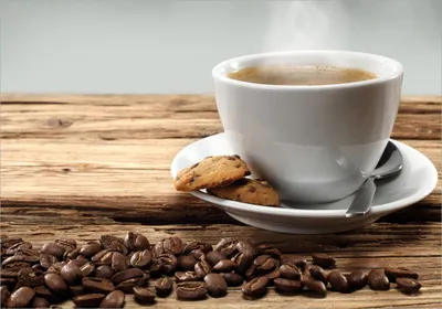 Produktbild von Wallario Poster - Heiße Tasse Kaffee mit Kaffeebohnen, Kunstdruck Größe: 70 x 100 cm