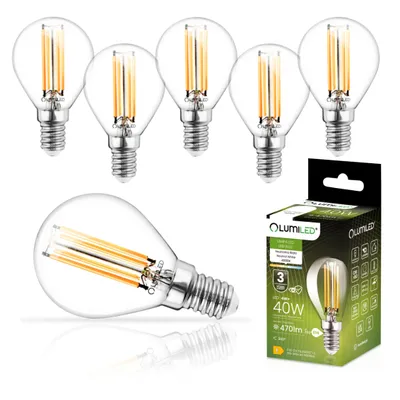 Obrázek produktu pro LUMILED 6-pack P45 E14 LED žárovka 4W (nahrazuje 40W), 470lumen, vintage vlákno čiré sklo LED žárovka tvar kapky 4000K neutrální bílá žárovky žárovky 360° úhel vyzařování žárovky