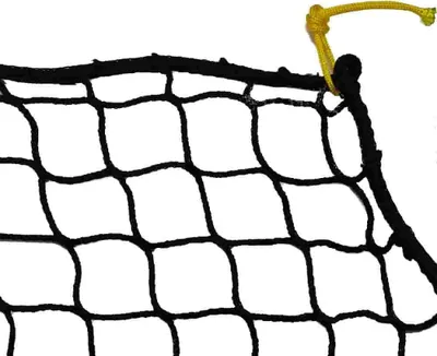 A close-up view of a black net with a yellow cord attached to the top right corner.