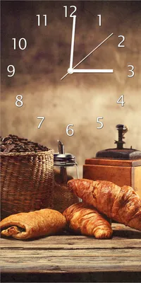 Produktbild von Wallario Design Wanduhr Französisches Frühstück mit Café und Croissants aus Echtglas, Größe 30 x 60 cm