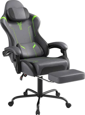 Zdjęcie produktu dla TRMLBE Fotel do gier Fotel biurowy z masażem Ergonomiczny z regulowaną poduszką lędźwiową 135°, zagłówkiem, podłokietnikami i podnóżkiem Fotel do gier z regulacją wysokości Fotel do gier maks. do 150 kg, szary (KJ433)