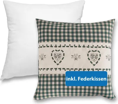 Obrázek produktu pro Povlak na polštářek 40x40 cm zelený srdíčkový s výplní z peří - zip venkovský styl dekorativní polštářek dekorativní polštářek výšivka kostkované světlé pozadí