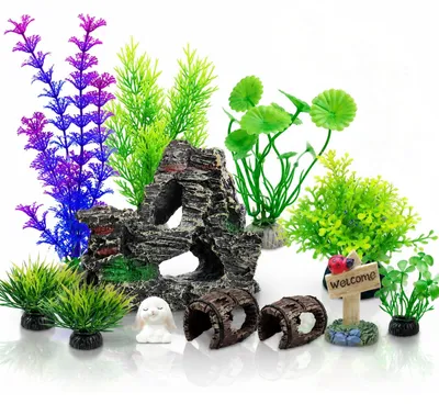 Image de Ensemble de décoration pour aquarium comprenant 11 pièces, avec des plantes artificielles et des ornements