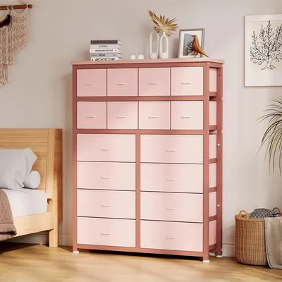 Zdjęcie produktu dla Komoda do przechowywania – komoda z tkaniną i 16 szufladami – metalowa rama – nowoczesny design – do samodzielnego montażu – różowa