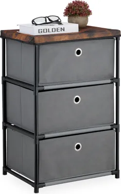 Produktbild von Relaxdays Kommode, 3 Stoffschubladen, Metall, Holzoptik, 65 x 43 x 33 cm, Wohnzimmer, Flur, Beistellkommode, grau/braun