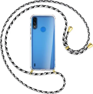 Produktbild von Handykette Backcover-Schutzhülle mit Band (Metall goldfarben) für Motorola Moto E7 Power, E7i Power - schwarz/grau/weiß