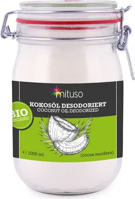 Produktbild von mituso  Kokosöl desodoriert 1000 ml | geschmacksneutral - ideal zum Braten, Backen, Frittieren | vegan, ohne Zusätze - vielseitig für Haut & Haar | im Drahtbügelglas