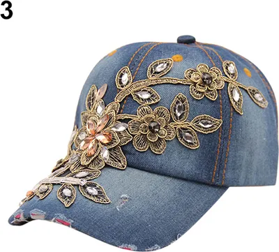 Produktbild von Frauenprägung Flower Denim Baseball Cap Sommer Strass Intarsien Jeans Hut