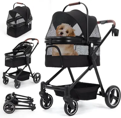 Produktbild von Faltbarer 3-in-1-Hundetrolley für kleine Hunde und Katzen bis 15 kg, mit Sicherheitsleinen, Stoßdämpfung, Fußbremse, Netzfenster und Stauraum