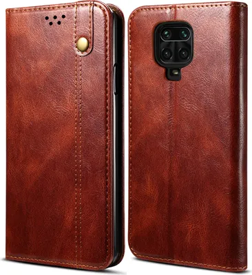 A brown leather flip wallet case for a smartphone is shown from the front and back.