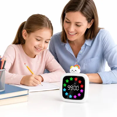 Produktbild von Visueller Timer Kinder, digitaler 99-Minuten-Timer mit LED-Farbdisplay, 19 Klingeltönen, 4 Lautstärken und Pause, wiederaufladbar