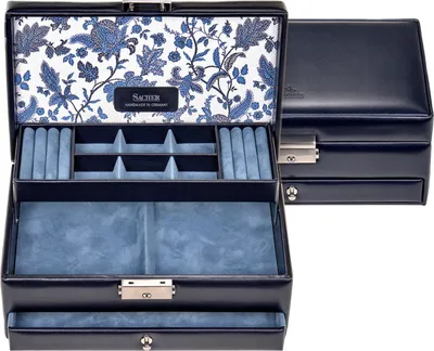Produktbild von Sacher Schmuckkoffer Schmuckkasten FLORAGE Leder blau Schloss Schublade