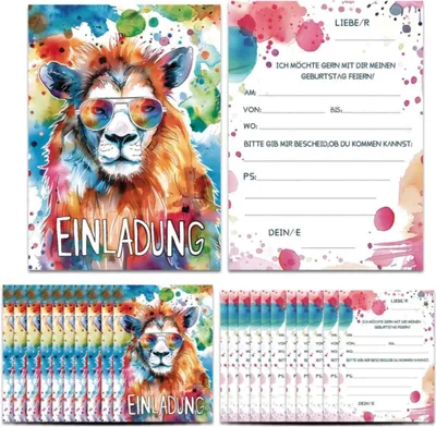Produktbild von 14x Löwe Einladungskarten Kindergeburtstag, Einladungen Kindergeburtstag Mädchen und Junge, Lässiger Löwe Einladungskarten Teenager Mädchen, Partyeinladung in coole Löwe Design.