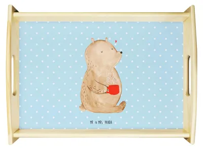 Produktbild von Mr. & Mrs. Panda tablett aus holz Bär Kaffee - Blau Pastell - Geschenk, Teddy, Bären, Coffee, Guten Morgen, Serviertablett, Deko, Holztablett, Servier, Motivation