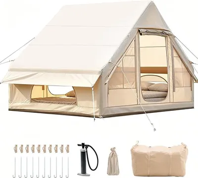 Imagen del producto de Tienda de camping inflable con abertura para chimenea y ventana en el techo, tienda inflable para 2-10 personas con bomba de aire, tienda inflable fabricada con tejido Oxford impermeable para todas las estaciones, tiendas de aire de montaje rápido