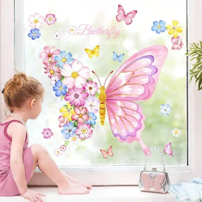 Produktbild von Fensterbilder für das Kinderzimmer im Frühling und Sommer – Selbstklebende Fensteraufkleber mit Blumen und Schmetterlingen