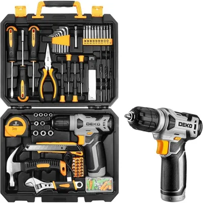 Image de Mallette à outils complète, contenant 126 pièces, avec une visseuse/perceuse sans fil de 8V. Couleur : gris, avec des nuances jaune-gris