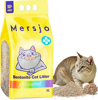 A bag of cat litter and a cat are shown.