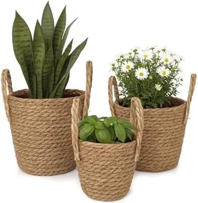 Produktbild von Blumentopf, 3er Set, Schilf, Pflanzentöpfe mit Folie & Griffen, 3 Größen, Boho-Style, runde Übertöpfe, Natur