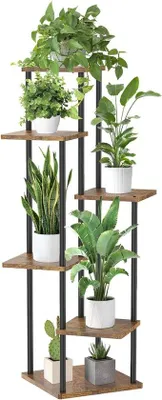 Image de Support à fleurs en bois et métal à 7 étages, 110 cm, en angle, pour plusieurs plantes, balcon, salon