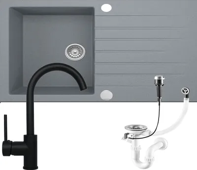 Produktbild von Granitspüle Küchenspüle Armatur Granit Siphon Einbauspüle Spülbecken Spüle76x45 Grau
